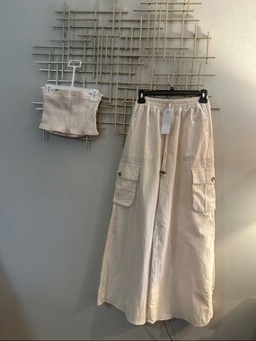 Cream Cargo Pocket Wide Leg Pants